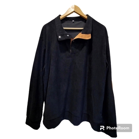 2XL Men's Black Corduroy Long Sleeve Netal Buttons Suede Elbow Patch - Picture 1 of 5